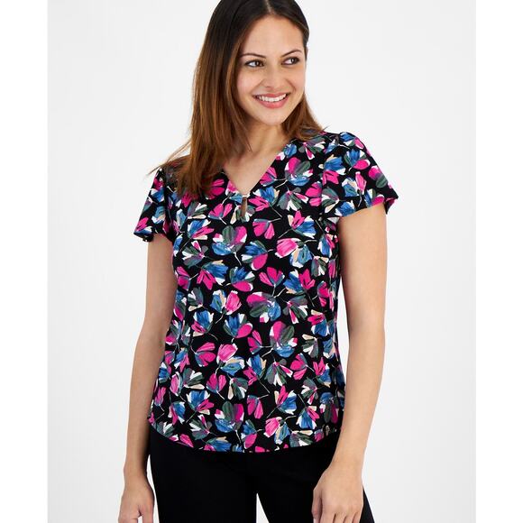 Jones New York Printed V-Neck Flutter-Sleeve Top Black Pink NWT Size Petite Lg - Picture 1 of 11